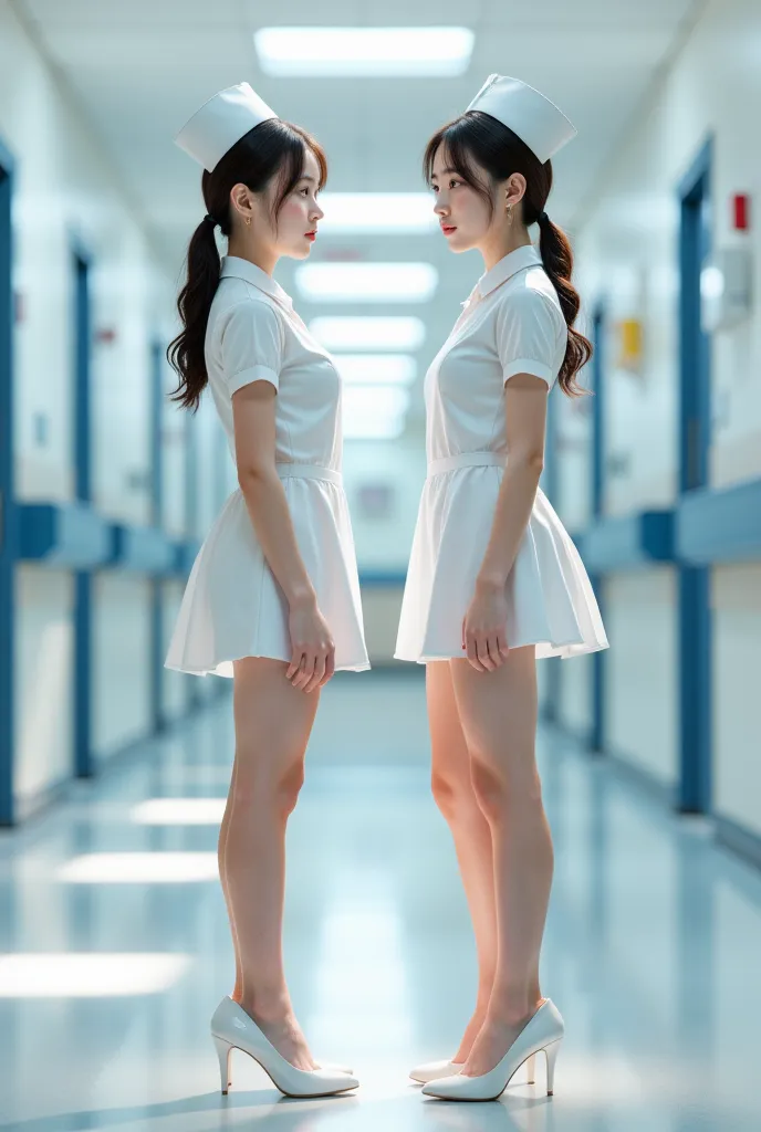 innocent 2 girls，huge :1.2,cleavage:1.2、(filming:1.3) (white nurse:1.5),( white skirt:1.5),(white nurse帽:1.5),(white nurse高跟鞋:1....