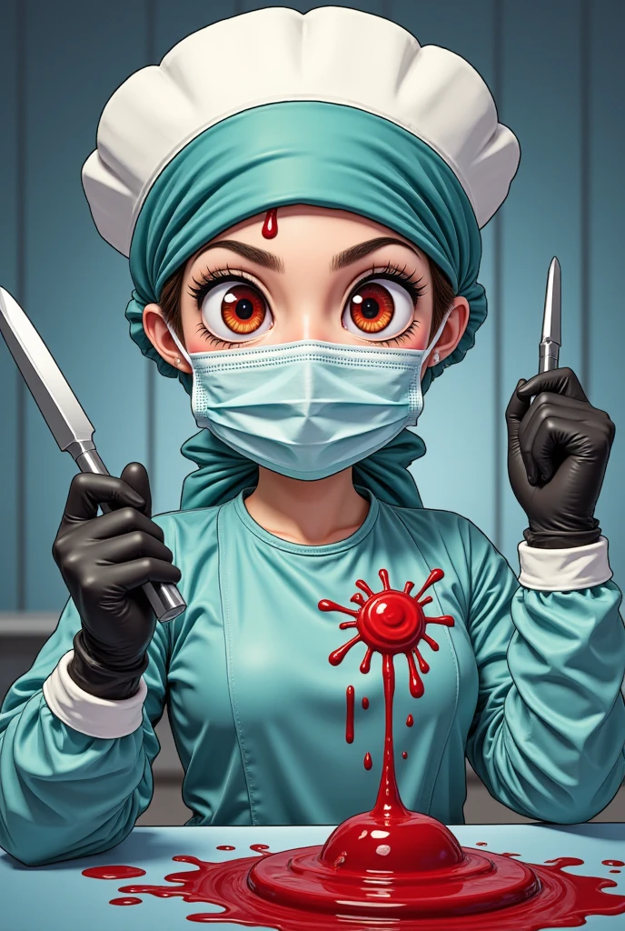 Cartoon surgical nurse wearing a fluffy hat、Surgical masks、Face mask and black latex gloves,Handheld scalpel,All the PPE was covered in blood.,Red eyes