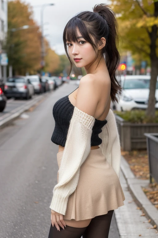 (raw photo, 8k, best quality, masterpiece:1.2), Photograph, japanese beautiful girl, solo, 20 years old, (black hair, long hair, ponytail), brown eyes, large breasts, glamorous, (sweater, bare shoulder), (mini skirt), (black pantyhose:1.1), autumn, on the street, standing, full body shot, from front