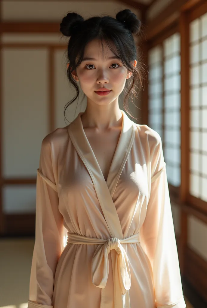 (), 1 woman, solitary, 2, 7 heads, (cute face), (ideal body proportions), traditional japanese room, (((bathrobe))), ((buns)), (...