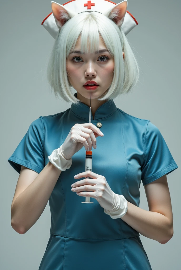 Nurse in blue dress,Short straight white hair, cat&#39;Eye iris,Sharp Teeth,Wear gloves,Holding a syringe，Cheongsam skirt，Chinese clothes