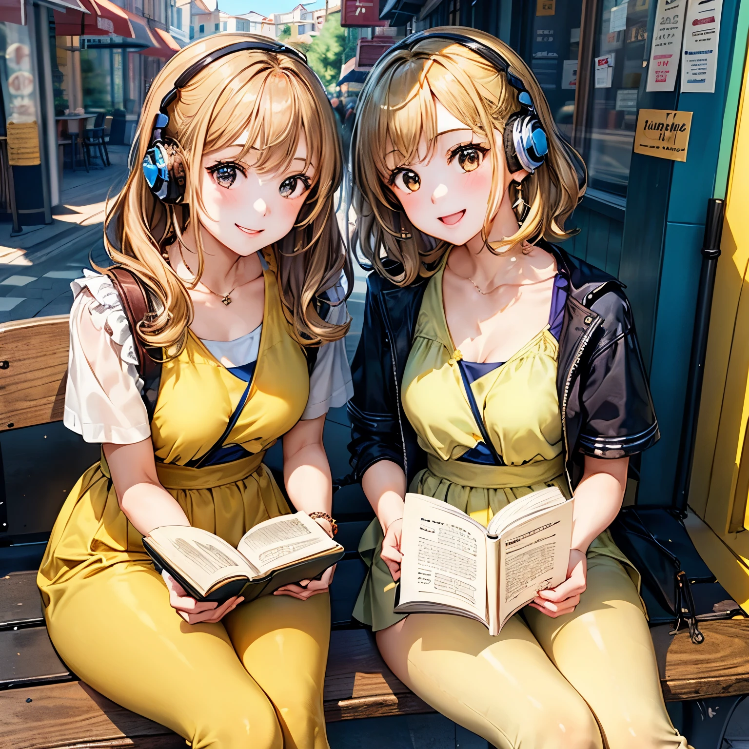 Two lively twin girls with short blonde hair and bright yellow outfits, both wearing accessories shaped like the Gemini symbol, sitting at a sunny street café, one reading a book while the other listens to music, cheerful atmosphere, high detail, vivid colors