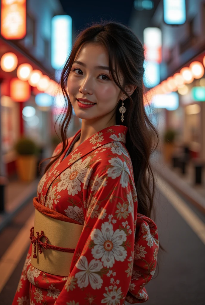 ((high quality、8K、masterpiece:1.3))、Selfie、Beautiful woman with perfect body:1.4、(Brown long hair、Normal chest:1.3)、(Japanese floral yukata)、Highly detailed face and skin textures、Delicate eyes、Double eyelids、A smile:1.5、whole body、sacrifice、On the Street、night