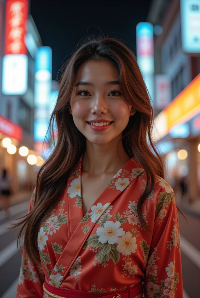 ((high quality、8K、masterpiece:1.3))、Selfie、Beautiful woman with perfect body:1.4、(Brown long hair、Normal chest:1.3)、(Japanese floral yukata)、Highly detailed face and skin textures、Delicate eyes、Double eyelids、A smile:1.5、whole body、sacrifice、On the Street、night