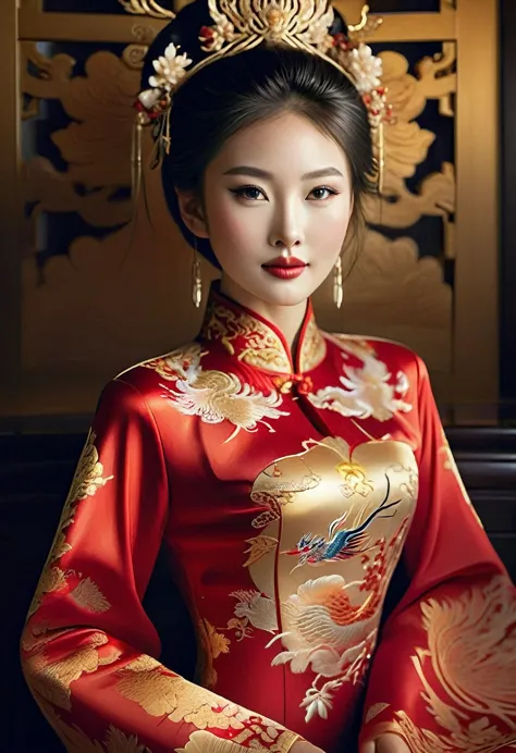 create a low-angle hyper-realistic photograph of a beautiful chinese woman in her mid-twenties, dressed in an ornate red qipao f...