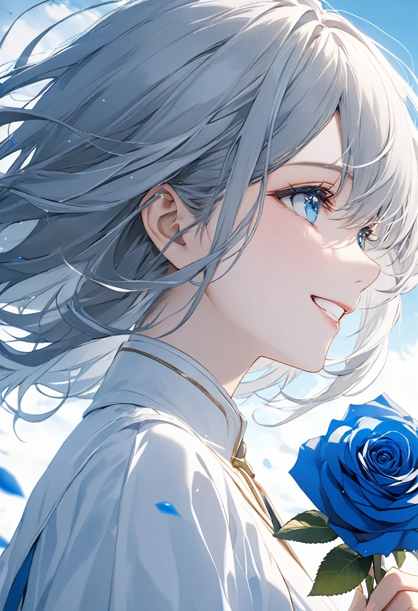 anime、((Amazingly absurd)),(masterpiece:1.2),超High resolution, Attention to detail, high quality, High resolution, 最high quality, 4K, 8k、Woman holding a rose,1 blue rose,White and blue theme,Close-up photo of a woman,Gray Hair,Medium Hair,Blowing in the Wind,White clothes,Very white skin,blue eyes,Shiny Blue,Emphasize,Smiling with teeth showing,that&#39;Burning below,Blue Flame,sorrow