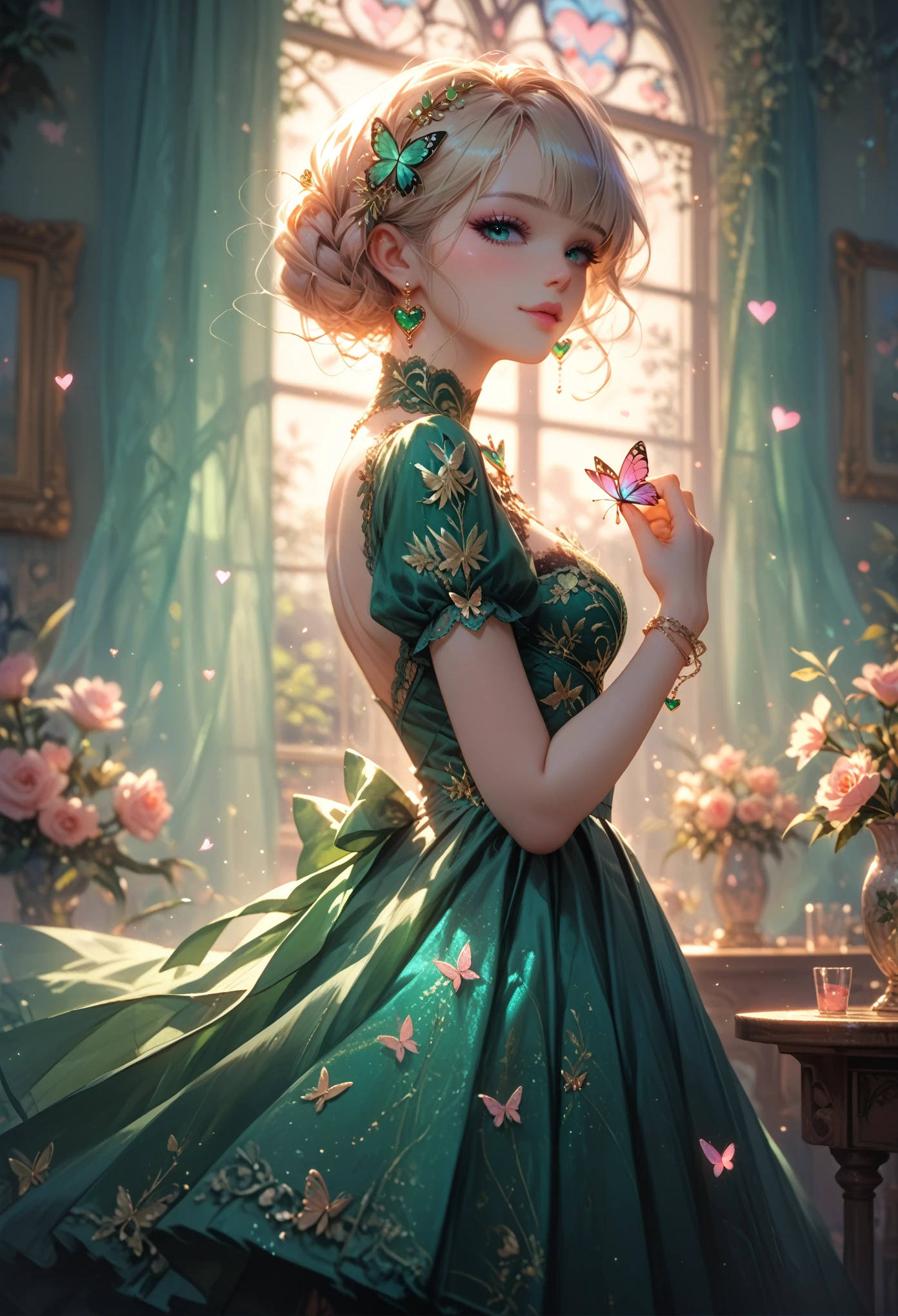 ((masterpiece)), (best quality), (Simple style), green dress, {{butterfly heart, pleated lace, Edwardian Lace Dress.