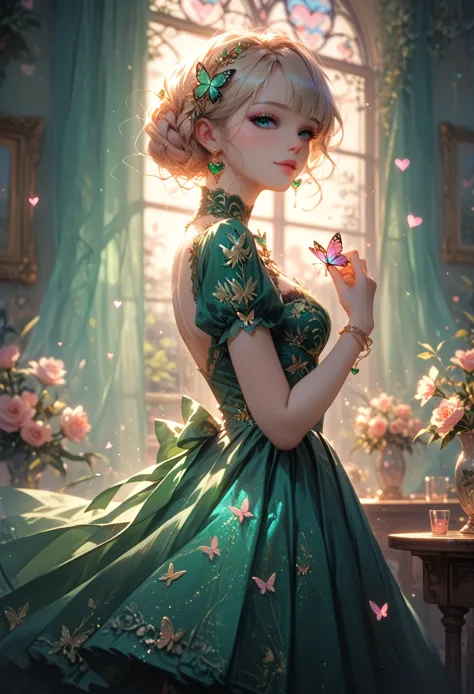 ((masterpiece)), (best quality), (simple style), green dress, {{butterfly heart, pleated lace, edwardian lace dress.