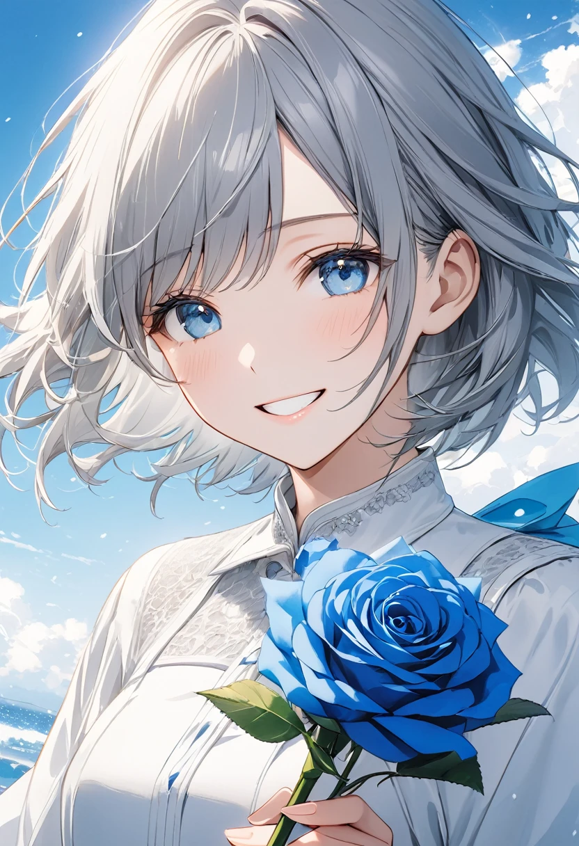 anime、((Amazingly absurd)),(masterpiece:1.2),超High resolution, Attention to detail, high quality, High resolution, 最high quality, 4K, 8k、Woman holding a rose,1 blue rose,White and blue theme,Close-up photo of a woman,Celebration photos,Gray Hair,Medium Hair,Blowing in the Wind,White clothes,Very white skin,blue eyes,Shiny Blue,Emphasize,Smiling with teeth showing,that&#39;Burning below,Blue Flame,sorrow