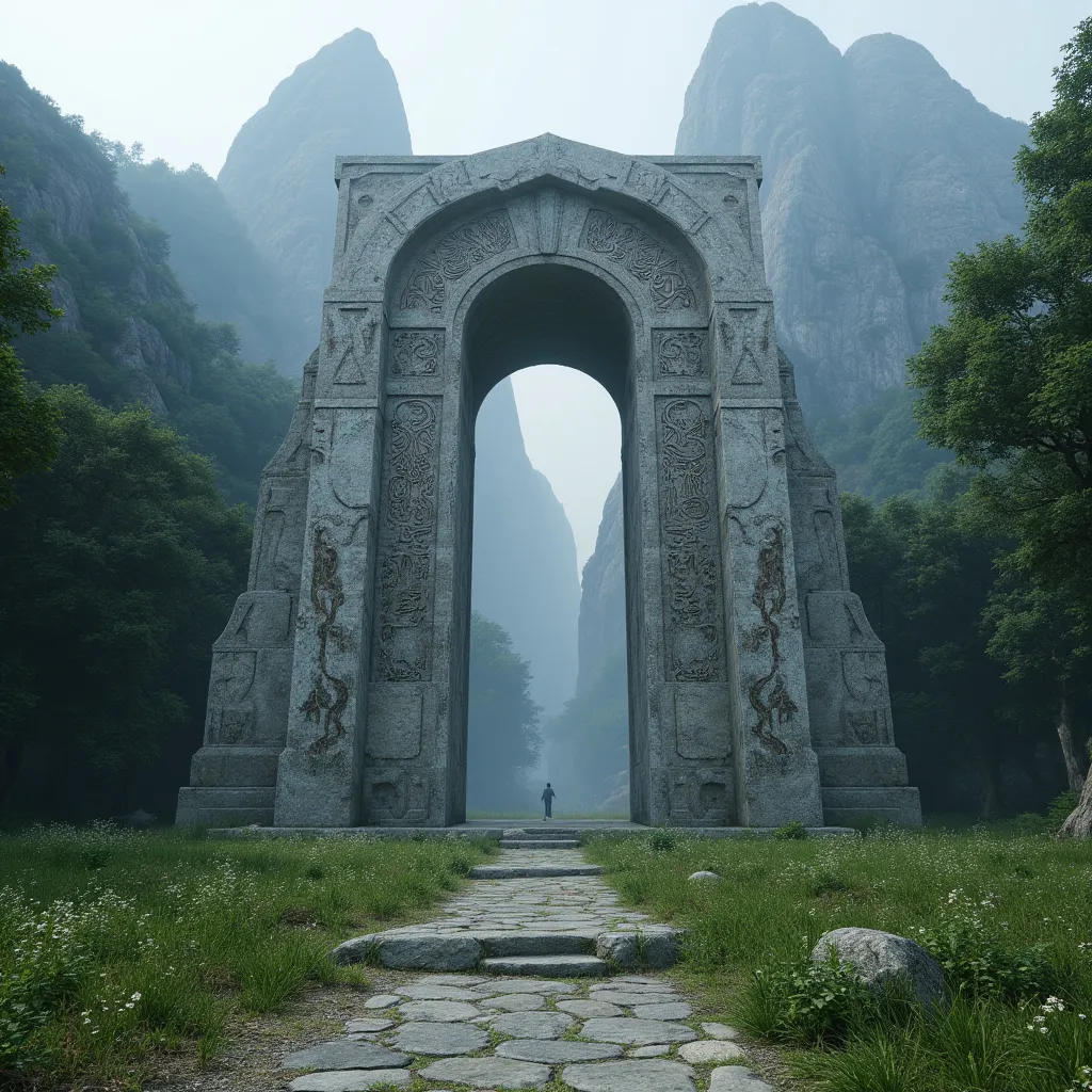 a huge mysterious stone gate stands among the mountains, engraved with unknown runes, seemingly leading to another world. the co...