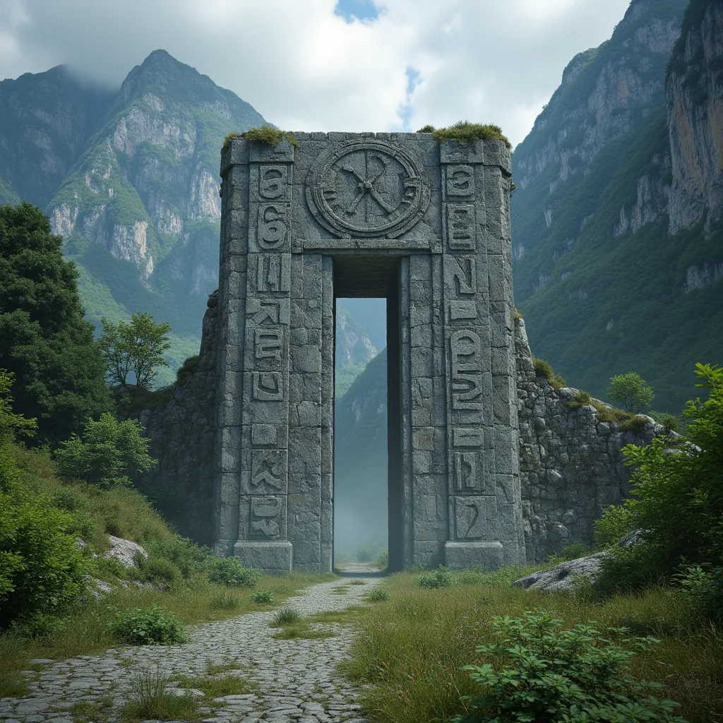 a huge mysterious stone gate stands among the mountains, engraved with unknown runes, seemingly leading to another world. the co...