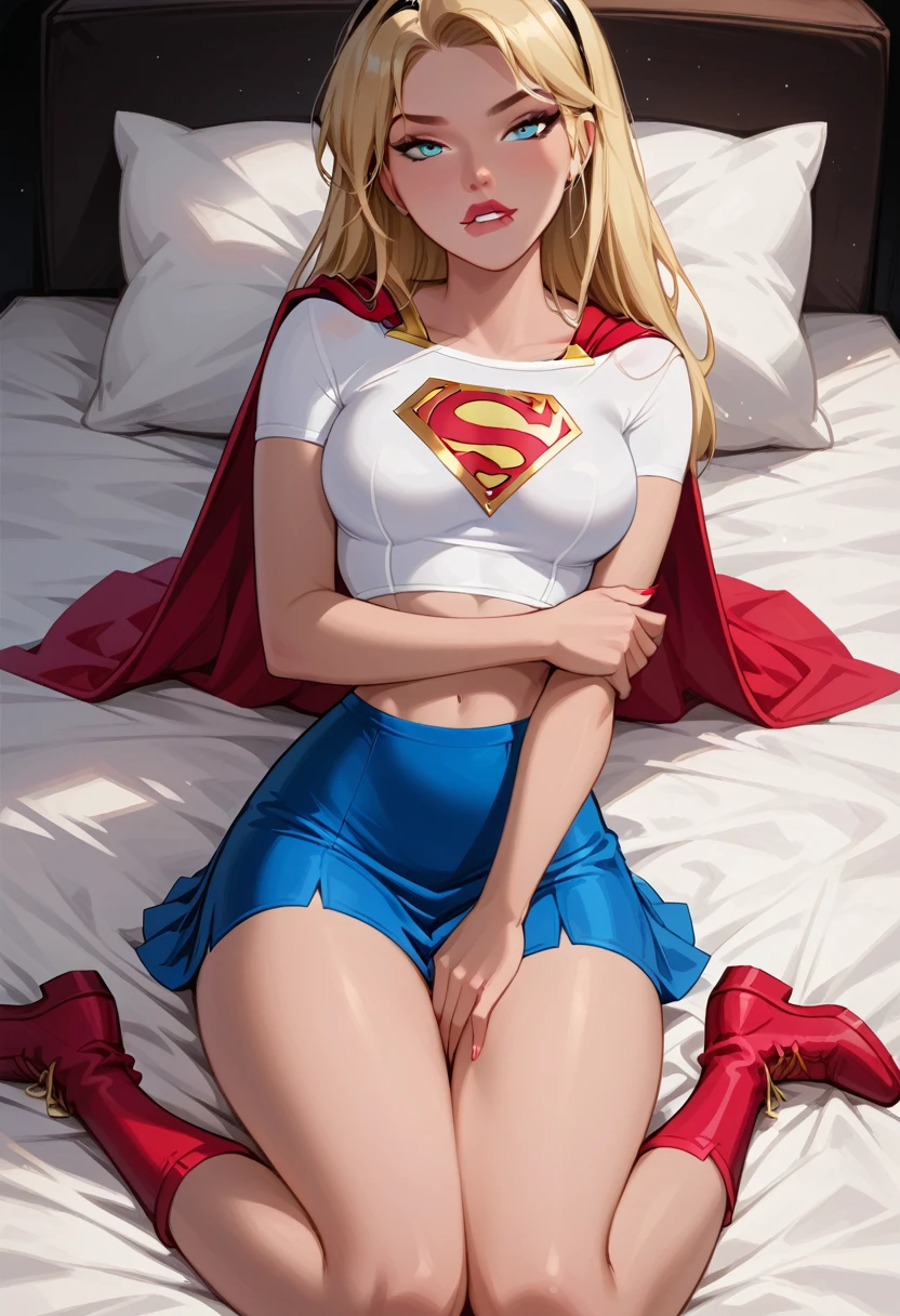 score_9, score_8_up, score_7_up, dcaustyle, 1girl, (Supergirl, blonde, wearing Supergirl costume, tight white tshirt, short sleeves, midriff, Supergirl emblem, blue skirt, tight skirt, short skirt, red cape, short cape, red boots:1.3) flirt, gaze, sexy look, half-closed eyes, head tilt, filled lips, thick lips, makeup, sexy pose, laying on her back on her luxurious bed, (hands between legs, thighs squeezed together, implied masturbation:1.4), biting lip, aroused, expressiveh d4rk01l, perfect hands, perfect proportions.