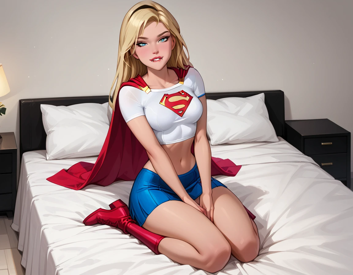 score_9, score_8_up, score_7_up, dcaustyle, 1girl, (Supergirl, blonde, wearing Supergirl costume, tight white tshirt, short sleeves, midriff, Supergirl emblem, blue skirt, tight skirt, short skirt, red cape, short cape, red boots:1.3) flirt, gaze, sexy look, half-closed eyes, head tilt, filled lips, thick lips, makeup, sexy pose, laying on her back on her luxurious bed, (hands between legs, thighs squeezed together, implied masturbation:1.4), biting lip, aroused, expressiveh d4rk01l, perfect hands, perfect proportions.