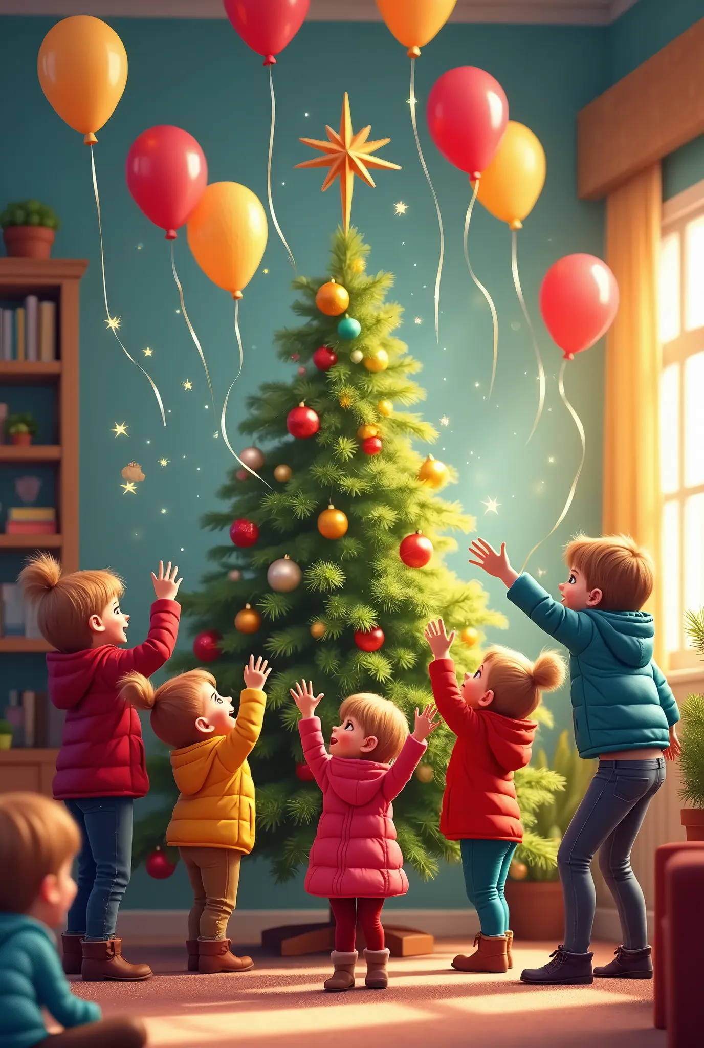 Happy New Year postcard with balloons a Christmas tree and children