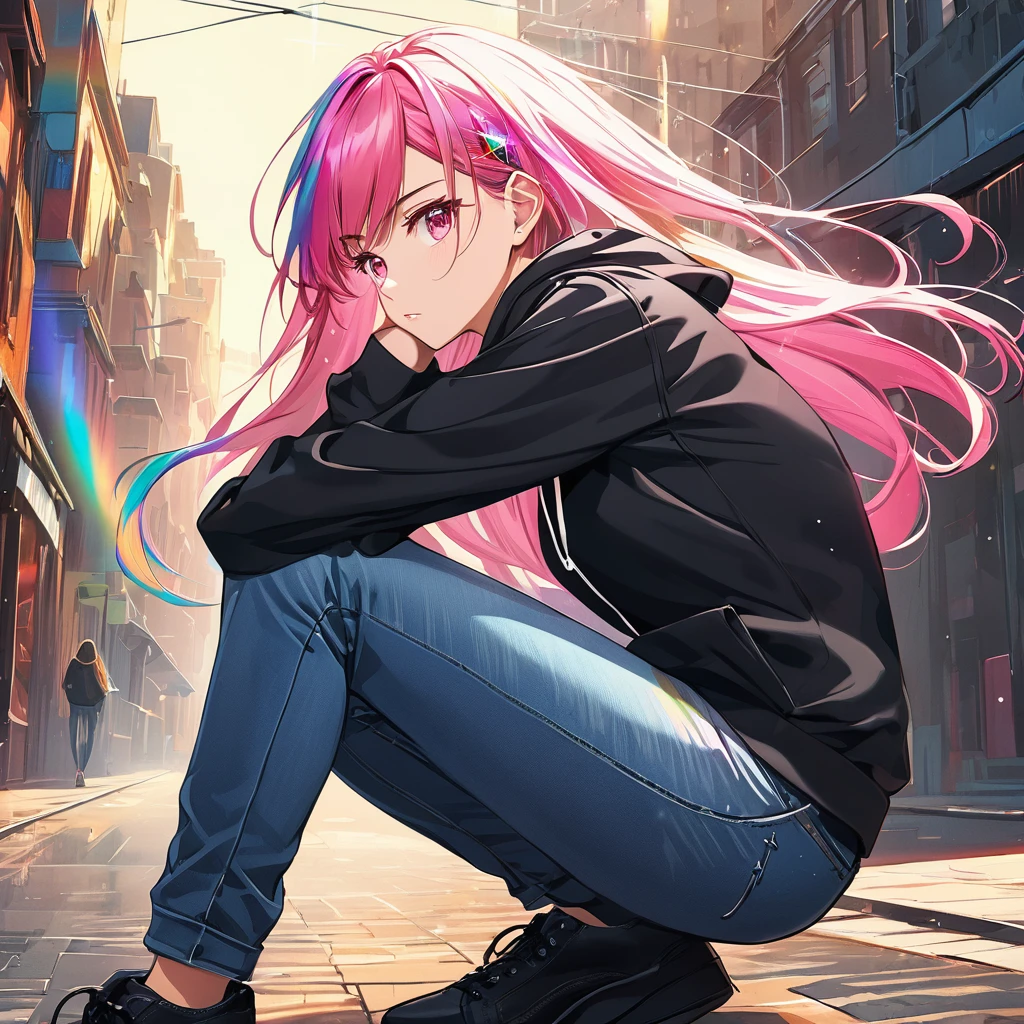 Digital art style,Crouching woman,Bad attitude,Rainbow Hair,Medium Long Hair,Blowing in the Wind,Pink Eyes,Shining,Wear a black hoodie like a jewel,Wear jeans,Place your elbows on your knees,Straight face,Calm,Women&#39;s photo collection Emphasizing women,Simple Background,A rainbow in the background,High Angle Masterpiece,Best Quality,Exquisite,8k,Absurd,Ultra-detailed illustrations,(Watch the audience)