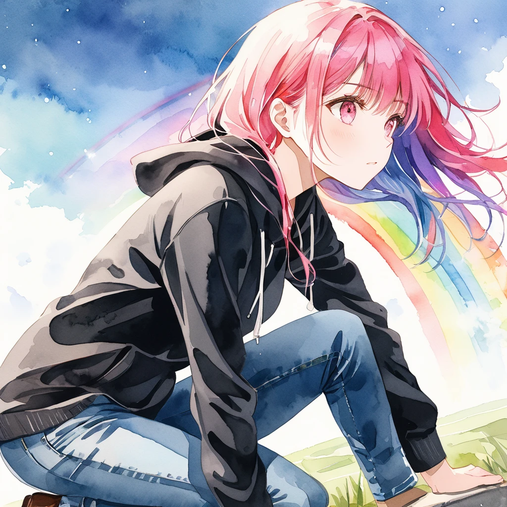 Watercolor style,Crouching woman,Bad attitude,Rainbow Hair,Medium Long Hair,Blowing in the Wind,Pink Eyes,Shining,Wear a black hoodie like a jewel,Wear jeans,Place your elbows on your knees,Straight face,Calm,Women&#39;s photo collection Emphasizing women,Simple Background,A rainbow in the background,High Angle Masterpiece,Best Quality,Exquisite,8k,Absurd,Ultra-detailed illustrations,(Watch the audience)