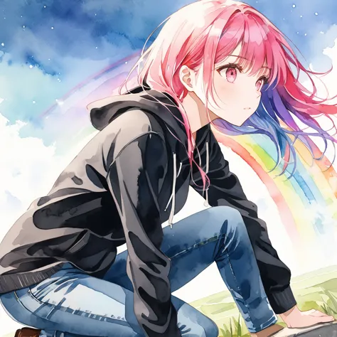 watercolor style,crouching woman,bad attitude,rainbow hair,medium long hair,blowing in the wind,pink eyes,shining,wear a black h...