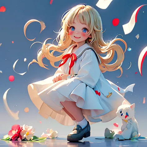 girl,blonde,blue eyes,white dress,red ribbon hydrangea,after the rain,rainbow,look up at the sky,smile,the light spreads,white d...