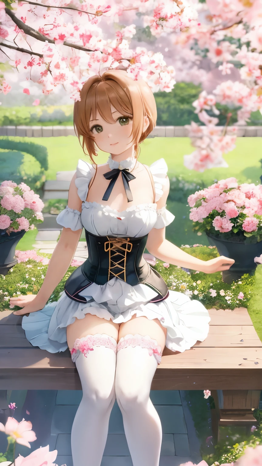 Delicate Composition, hyper detailed, best quality, dynamic view, 1 girl, (seductive smile:0.6), solo, medium breasts, hair in takes, beautiful detailed garden, fluttered detailed petal, white fishnets, kinomoto sakura, corset, thigh highs