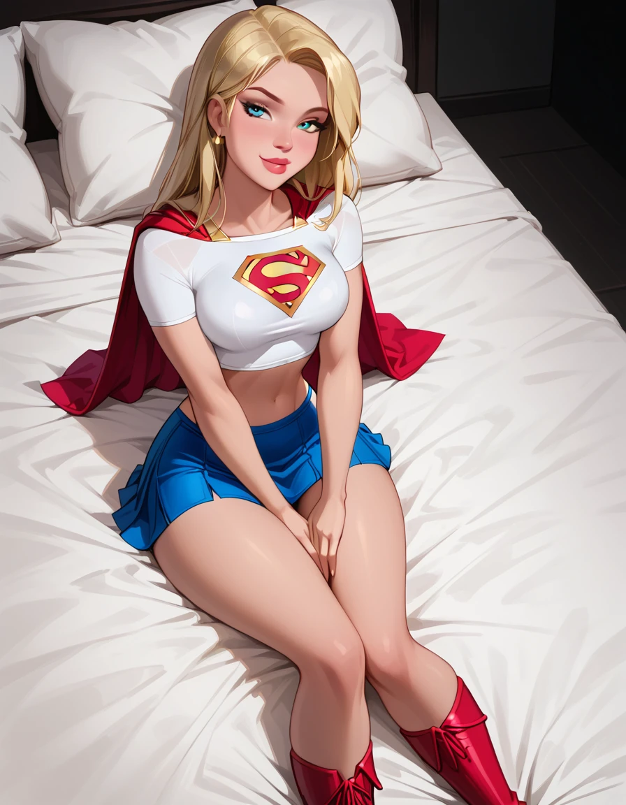 score_9, score_8_up, score_7_up, dcaustyle, 1girl, (Supergirl, blonde, wearing Supergirl costume, tight white tshirt, short sleeves, midriff, Supergirl emblem, blue skirt, tight skirt, short skirt, red cape, short cape, red boots:1.3) flirt, gaze, sexy look, half-closed eyes, head tilt, filled lips, thick lips, makeup, sexy pose, laying on her back on her luxurious bed, (hands between legs, thighs squeezed together, implied masturbation:1.4), naughty smile, aroused, expressiveh d4rk01l, perfect hands, perfect proportions.