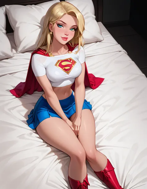 score_9, score_8_up, score_7_up, dcaustyle, 1girl, (supergirl, blonde, wearing supergirl costume, tight white tshirt, short slee...