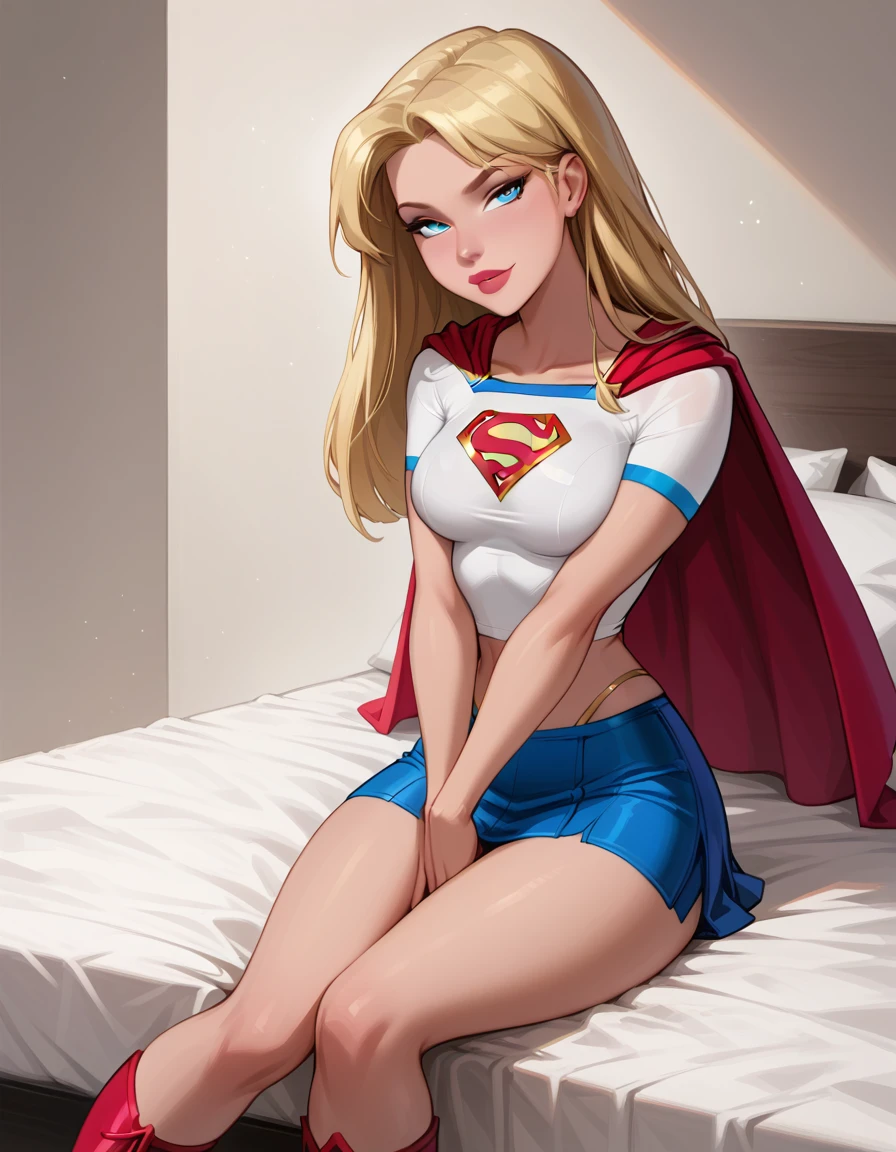 score_9, score_8_up, score_7_up, dcaustyle, 1girl, (Supergirl, blonde, wearing Supergirl costume, tight white tshirt, short sleeves, midriff, Supergirl emblem, blue skirt, tight skirt, short skirt, red cape, short cape, red boots:1.3) flirt, gaze, sexy look, half-closed eyes, head tilt, filled lips, thick lips, makeup, sexy pose, laying on her back on her luxurious bed, (hands between legs, thighs squeezed together, implied masturbation:1.4), naughty smile, aroused, expressiveh d4rk01l, perfect hands, perfect proportions.