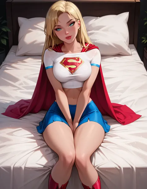 score_9, score_8_up, score_7_up, dcaustyle, 1girl, (supergirl, blonde, wearing supergirl costume, tight white tshirt, short slee...