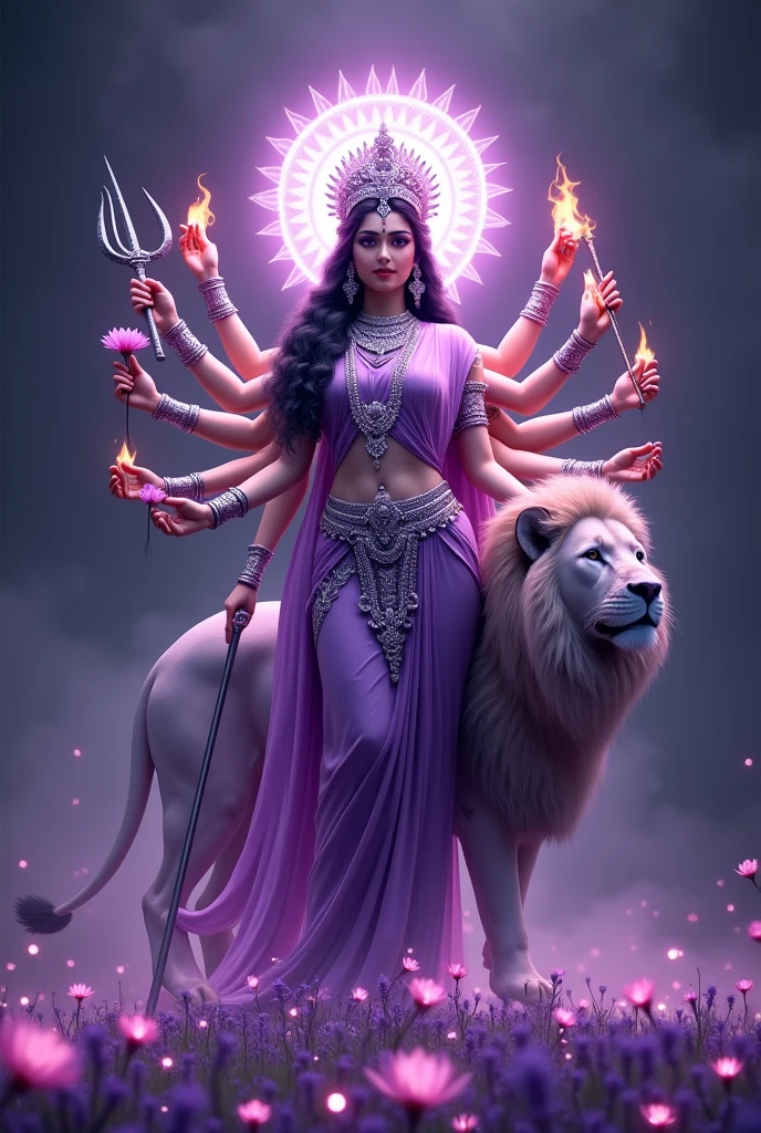 Maa durga wearing solid violet color sari, 8 hand first hand holding trident second hand holding sword third hand holding fire fourth hand holding bow fifth hand holding lotus sixth hand holding javelin, insidi lion  sparkling lavender color small glowing particles, light floral effects in body, background very dark few vivid illuminant random small flowers, divine auras 4K hyper realistic