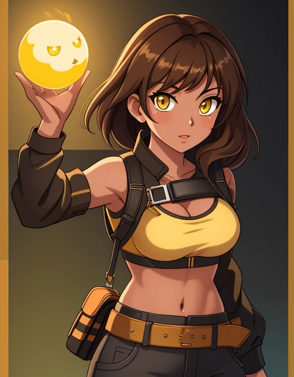 1girl, solo, 24yo, short brown hair, (yellow eyes:1.5), tan-bronze skin, tan-skinned female, athletic figure, medium breasts BREAK She’s wearing early 2000's fashion: opened black jacket, orange strapless tank-top, belt, grey cargo pants BREAK looking at viewer, BREAK set in the early 2000’s, BREAK (masterpiece:1.2), best quality, high resolution, unity 8k wallpaper, (illustration:0.8), (beautiful detailed eyes:1.6), extremely detailed face, perfect lighting, extremely detailed CG, (perfect hands, perfect anatomy),
