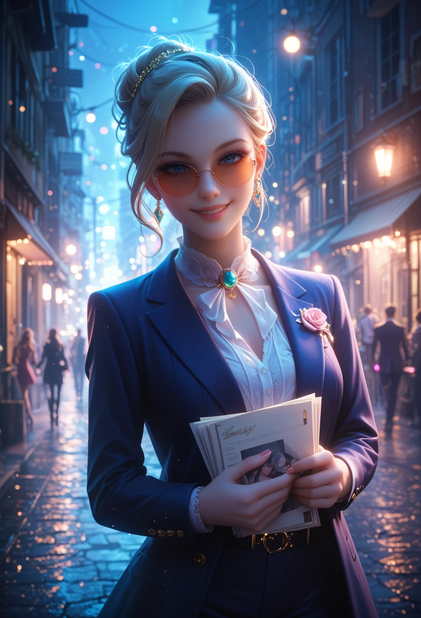 1 spy girl in a secret operation, Suit Fashion, intense gaze, dark background City, street, alley, Light of Lanterns , dramatic lighting, cinematic composition, muted color palette,(masterpiece, best quality:1.3), sunglasses, holds a folder with papers, slight smile, Shine, Gorgeous, masterpiece, maximum quality, Game of Shadows,score_9, score_8_up, score_7_up,source,