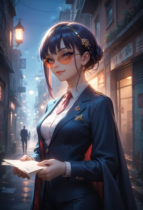 1 spy girl in a secret operation, suit fashion, intense gaze, dark background city, street, alley, light of lanterns , dramatic ...