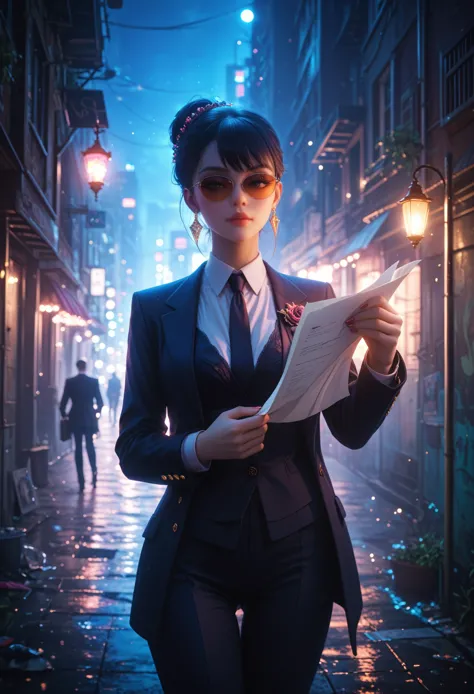 1 spy girl in a secret operation, suit fashion, intense gaze, dark background city, street, alley, light of lanterns , dramatic ...