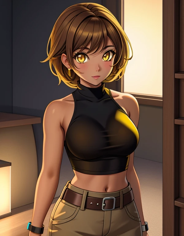 1girl, solo, 24yo, short brown hair, (yellow eyes:1.5), tan-bronze skin, tan-skinned female, athletic figure, medium breasts BREAK She’s wearing early 2000's fashion: opened black jacket, orange strapless tank-top, belt, grey cargo pants BREAK looking at viewer, BREAK set in the early 2000’s, BREAK (masterpiece:1.2), best quality, high resolution, unity 8k wallpaper, (illustration:0.8), (beautiful detailed eyes:1.6), extremely detailed face, perfect lighting, extremely detailed CG, (perfect hands, perfect anatomy),