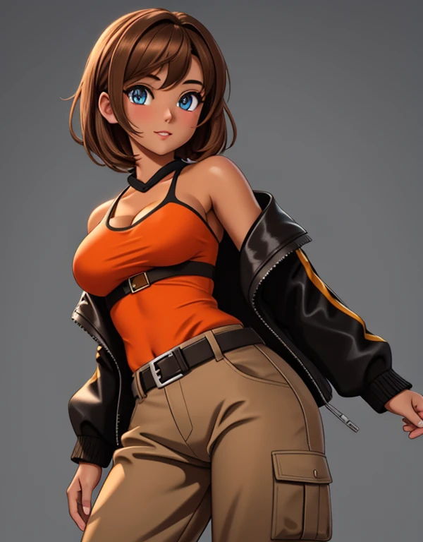 1girl, solo, 24yo, short brown hair, (yellow eyes:0.85), tan-bronze skin, tan-skinned female, athletic figure, medium breasts BREAK She’s wearing early 2000's fashion: opened black jacket, orange strapless tank-top, belt, grey cargo pants BREAK looking at viewer, BREAK set in the early 2000’s, BREAK (masterpiece:1.2), best quality, high resolution, unity 8k wallpaper, (illustration:0.8), (beautiful detailed eyes:1.6), extremely detailed face, perfect lighting, extremely detailed CG, (perfect hands, perfect anatomy),