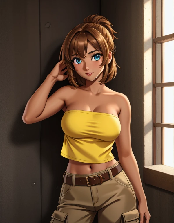 1girl, solo, 24yo, short brown hair, (yellow eyes:1.02), tan-bronze skin, tan-skinned female, athletic figure, medium breasts BREAK She’s wearing early 2000's fashion: orange strapless tank-top, belt, grey cargo pants BREAK looking at viewer, BREAK set in the early 2000’s, BREAK (masterpiece:1.2), best quality, high resolution, unity 8k wallpaper, (illustration:0.8), (beautiful detailed eyes:1.6), extremely detailed face, perfect lighting, extremely detailed CG, (perfect hands, perfect anatomy),
