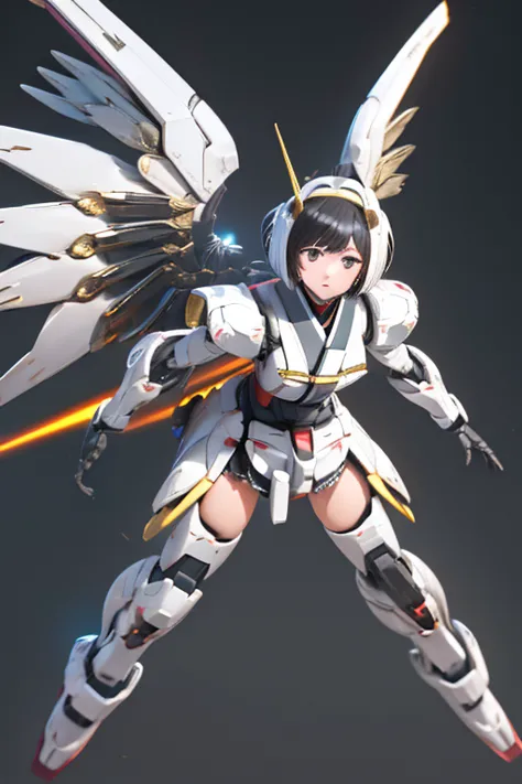 ((masterpiece, super high quality, Very detailed)), photo Realistic, Realistic, (Ultra HD: 1.2), High resolution 16k, (Keep the skin texture natural:1.5), (Perfect Anatomy),3d,japanese high school girl wears only a futuristic Gundam Mecha,(Gundam Mecha), Gundam Style,Put on head gear,額のGundam StyleのVフィンを装着, (mechanical wings),, Biomechanics , Biomechanics thighs,Mechanical shins and feet,Visible cracks,obvious crotch, Android Heroine, Fully robotized!! girl, perfect android girl, The finer details. , (cute:1.2), (Bobcut:1.3), Black Hair, Thick eyebrows, Light-colored irises, Big, bright black eyes, Long eyelashes, Small, light-colored, natural lips, ((The average face of a Japanese idol)), (The uniquely Japanese childlike face:1.3), (baby face:1.1), Wide forehead:1.2, Plump Cheeks, Small jaw, Detailed thighs,Slim body, In the hangar,Blur the background,View your viewers,Focus on the eyes 