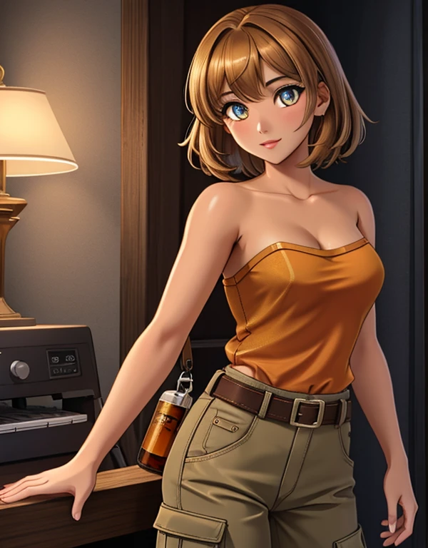 1girl, solo, 24yo, short brown hair, (amber colored irises:1.5), tan-bronze skin, tan-skinned female, athletic figure, medium breasts BREAK She’s wearing early 2000's fashion: orange strapless tank-top, belt, grey cargo pants BREAK looking at viewer, BREAK set in the early 2000’s, BREAK (masterpiece:1.2), best quality, high resolution, unity 8k wallpaper, (illustration:0.8), (beautiful detailed eyes:1.6), extremely detailed face, perfect lighting, extremely detailed CG, (perfect hands, perfect anatomy),