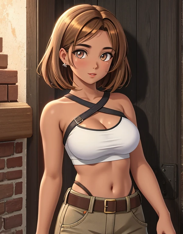 1girl, solo, 24yo, a mixed Nicaraguan-Navajo woman, short brown hair, (amber colored eyes:1.32), tan-bronze skin, tan-skinned female, athletic figure, medium breasts BREAK She’s wearing early 2000's fashion: orange strapless tank-top, belt, grey cargo pants BREAK looking at viewer, BREAK set in the early 2000’s, BREAK (masterpiece:1.2), best quality, high resolution, unity 8k wallpaper, (illustration:0.8), (beautiful detailed eyes:1.6), extremely detailed face, perfect lighting, extremely detailed CG, (perfect hands, perfect anatomy),