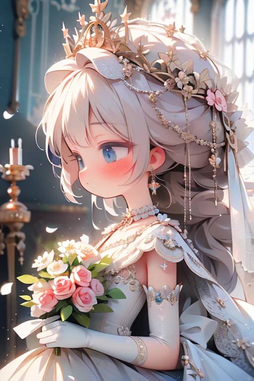 (masterpiece, Best Quality:1.2), ，Earrings，Veil，jewelry，Alone，wedding dress，flower束，dress，bridal Veil，flower，Elbow gloves，white dress，gloves，flower嫁，Upper Body，From the side，[profile，White gloves，rose，Center of chest，Mouth closed，hoop Earrings，white flower，holding flower束，