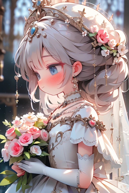 (masterpiece, Best Quality:1.2), ，Earrings，Veil，jewelry，Alone，wedding dress，flower束，dress，bridal Veil，flower，Elbow gloves，white dress，gloves，flower嫁，Upper Body，From the side，[profile，White gloves，rose，Center of chest，Mouth closed，hoop Earrings，white flower，holding flower束，