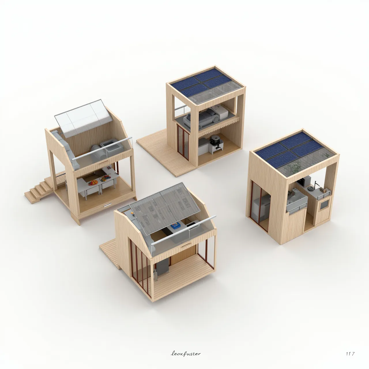 Create highly detailed 3D models of small, modern eco-friendly houses built directly on the ground, with no wheels. The design should emphasize minimalist architecture, using sustainable wood and metal materials throughout. Each house should feature the following key elements:

Roof: Solar panels integrated into the roof for renewable energy usage.

Layout:

Mezzanine Level: A cozy sleeping area that maximizes vertical space.

Living Area: A spacious living room with a high ceiling to create an airy atmosphere.

Kitchen: A fully equipped, modern kitchen with energy-efficient appliances.

Bathroom: A small bathroom with a shower, incorporating water-saving fixtures.


Windows: Large windows strategically placed to provide natural light and enhance energy efficiency.

Terrace: A small fold-out terrace attached to the structure, offering an outdoor living space.

Materials & Sustainability: Emphasis on sustainable materials and energy-efficient solutions to reduce the environmental footprint.


Additional Specifications:

Text Placement: The word "leoxfuster" should be neatly displayed in the bottom right corner of the image.

Background: A plain white background to highlight the clean and eco-conscious architecture.

Aesthetic: The houses should appear sleek, modern, and environmentally friendly, showcasing the balance between practicality and sustainability.