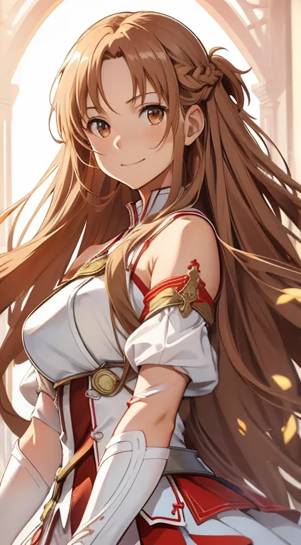 aaasuna, long hair, brown hair, braiding, brown eyes, bare shoulders, armor, breastplate, white sleeves, removable sleeves, red ...