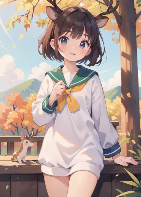 (Best Quality,16k,High resolution,masterpiece:1.2)，very detailed，Realistic:1.37，shape，Dark and mysterious，Black short bob，very ，very short stature，Flat Chest，very thin thighs，detailed eyes，Detailed lips，Sailor suit，Nara City in Autumn，It has short horns on its head，Beautiful Face，smile，Deer crackers:1.2，This is what happened，very cunning gestures，

