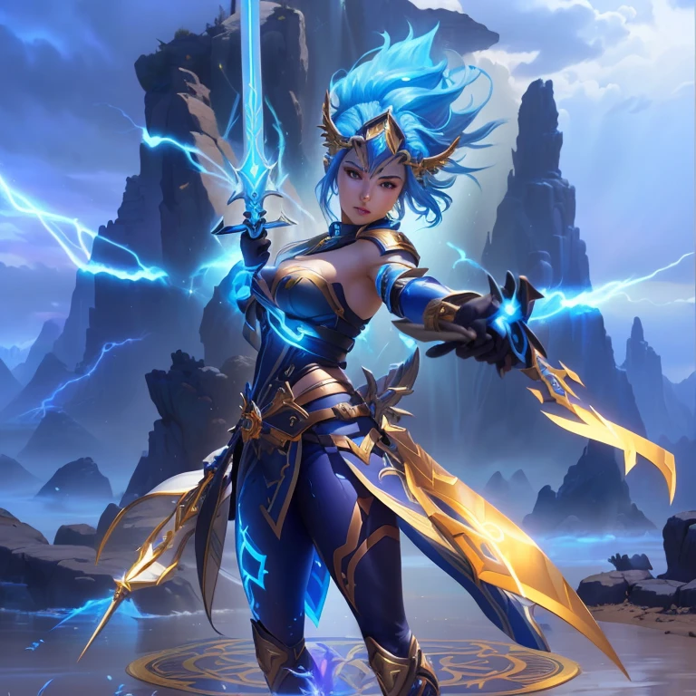 a close up of a woman with a sword in a game, female lightning genasi, goddess of lightning, artgerm julie bell beeple, ne zha from smite, official splash art, epic mage girl character, mystical atlantean valkyrie, zenra taliyah, maya ali as a lightning mage, artgerm and atey ghailan