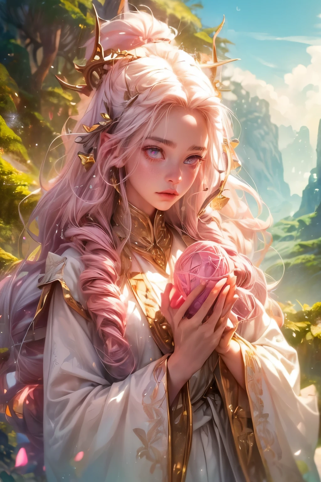 ((Boy)), (((pink eyes))), long wavy hair, white hair, albino, freckles on the face, full and pink mouth, large white eyelashes, white eyebrows, wearing light and fluttering clothes, golden horns on the head, the setting is a nest on top of a mountain, the view is of a magical forest in the distance, masterpiece, best quality, detailed, good lighting, attention to detail, UHD