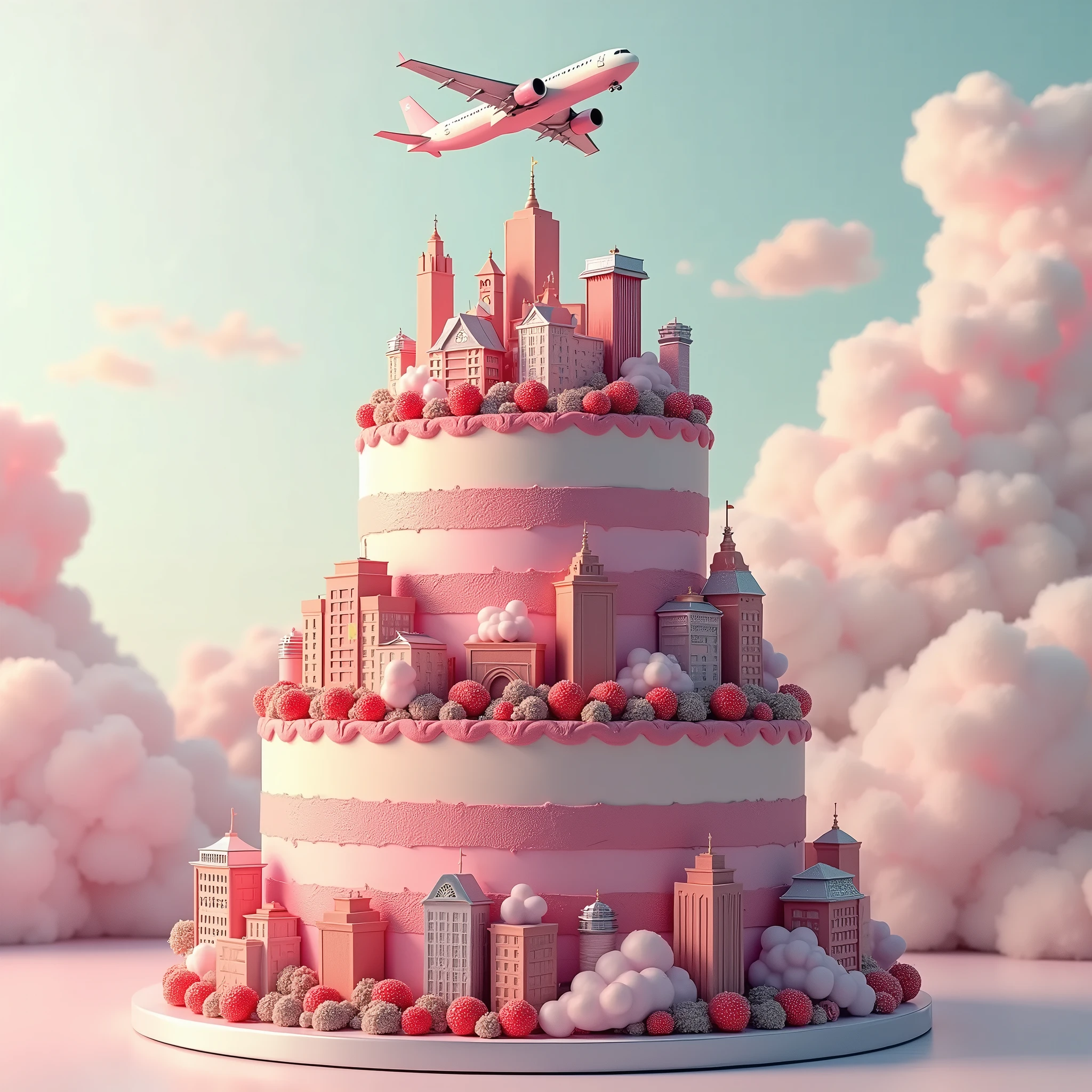 Two-tier cake in cherry and silver colors, buildings on the edges of the cake and a plane (no plane) above with clouds