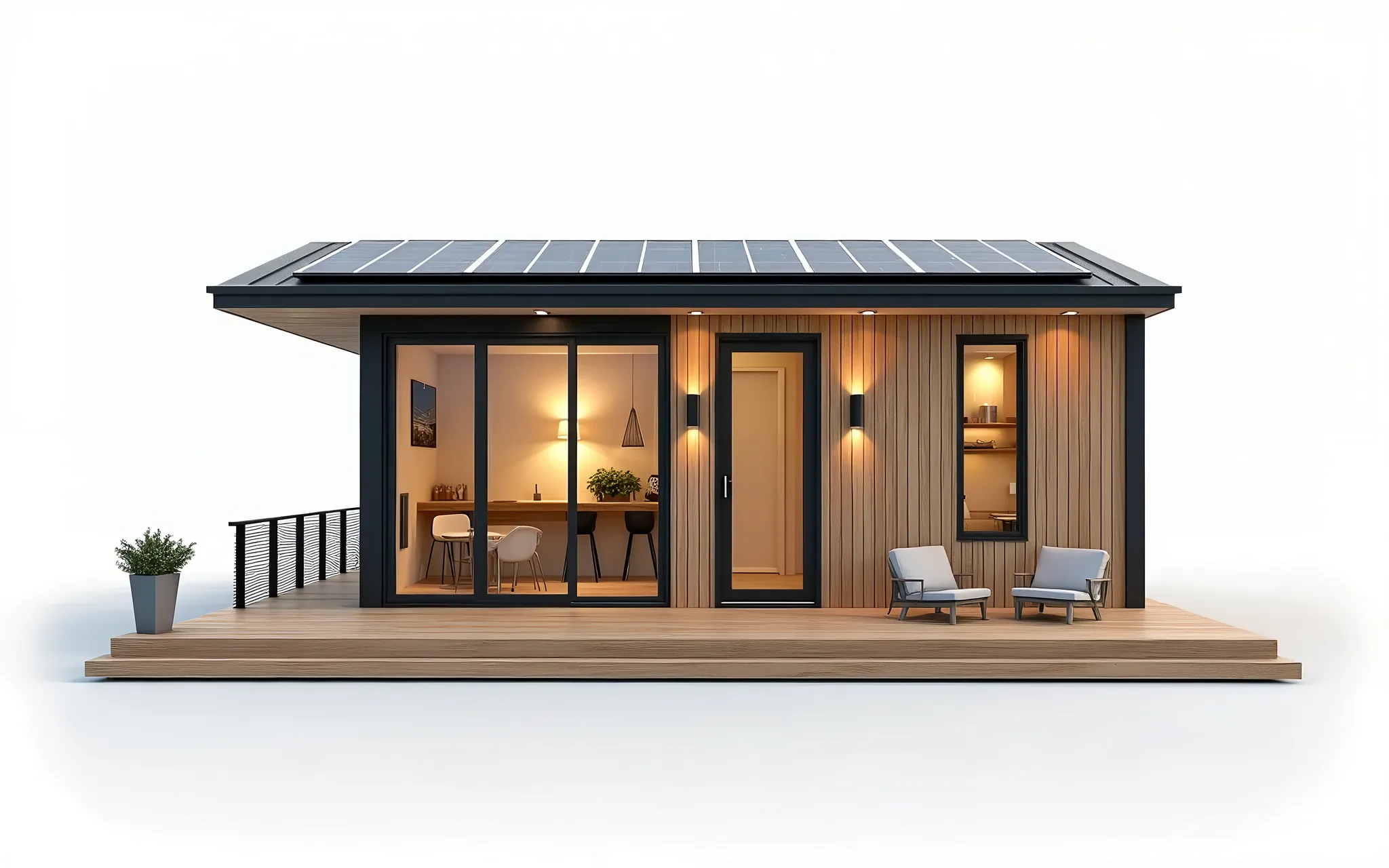 Design a detailed 3D model of a modern mini cabin with an eco-friendly design. The mini cabin should feature a minimalist structure made entirely of sustainable wood and metal. It includes solar panels on the roof, a compact layout with a mezzanine sleeping area, a fully equipped kitchen, a cozy living room with a high ceiling, and a small bathroom with a shower. Large windows provide natural light, and a small fold-out terrace is attached. The cabin emphasizes sustainable materials and energy efficiency. In the bottom right corner of the image, the text size b12px 'leoxfuster' should be neatly displayed. The background is plain white the clean, eco-conscious architecture.