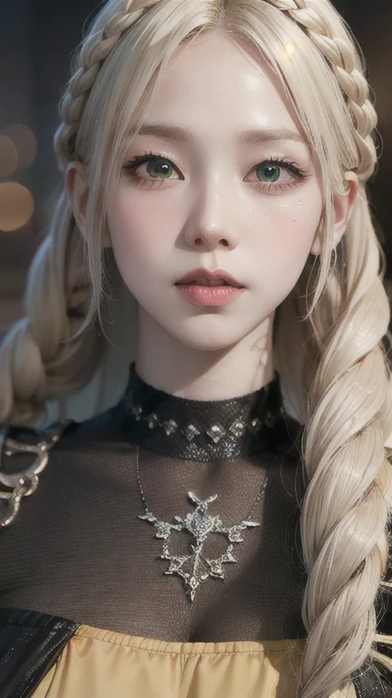 ,extremely detailed CG unity 8k wallpaper,best quality,realistic,world masterpiece,(highres, ultra detailed,8K),black and platinum blonde hair with beautiful and detailed braids, brown and Friday clothes, with sexy skirt, green and yellow eyes, best quality, good resolution,Huge breasts 