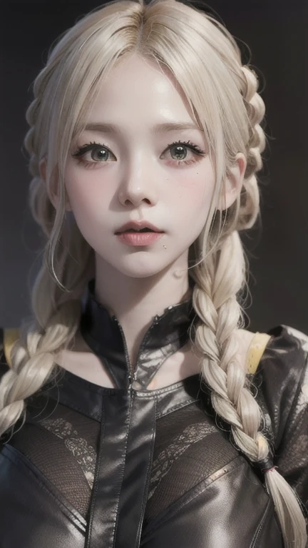 ,extremely detailed CG unity 8k wallpaper,best quality,realistic,world masterpiece,(highres, ultra detailed,8K),black and platinum blonde hair with beautiful and detailed braids, brown and Friday clothes, with sexy skirt, green and yellow eyes, best quality, good resolution,Huge breasts 