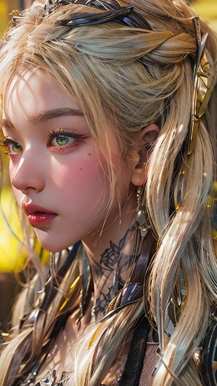 ,extremely detailed CG unity 8k wallpaper,best quality,realistic,world masterpiece,(highres, ultra detailed,8K),black and platinum blonde hair with beautiful and detailed braids, brown and Friday clothes, with sexy skirt, green and yellow eyes, best quality, good resolution,Huge breasts 